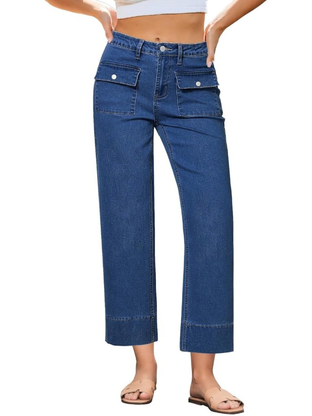 Women's Classic Blue High Waisted Straight Leg Cropped Stretchy Denim Pants